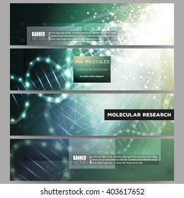 Set of modern vector banners. DNA molecule structure on dark green background. Science vector background.