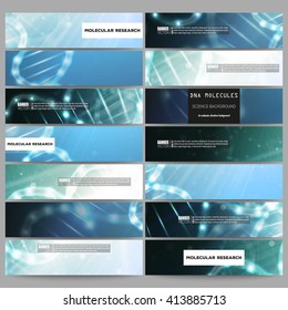 Set of modern vector banners. DNA molecule structure on dark blue background. Science vector background.