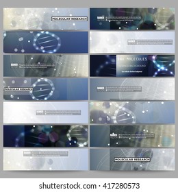 Set of modern vector banners. DNA molecule structure on dark blue background. Science vector background.