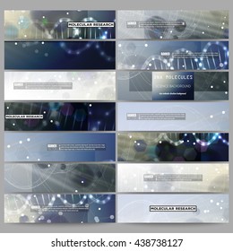 Set of modern vector banners. DNA molecule structure on dark blue background. Science vector background.