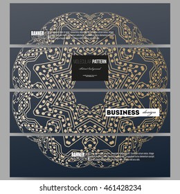 Set of modern vector banners. Golden microchip pattern, abstract template with connecting dots and lines, connection structure. Digital scientific vector background