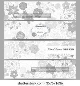 Set of modern vector banners. Hand drawn floral doodle pattern, abstract vector background