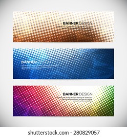 A set of modern vector banners with polygonal background and halftone elements