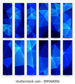 Set of modern vector banners with  polygonal background in light and dark blue color