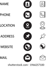 Set of modern vector business icons in white background. icons of name phone location address website mail Clip art vector business card design. Communication, marketing, advertising icon set