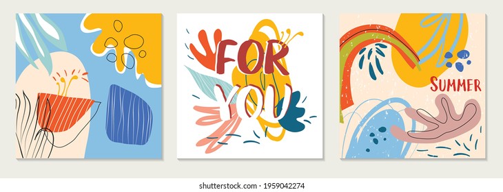 Set of modern vector cards collages with hand drawn organic shapes,textures and graphic elements. Trendy spring card. Design perfect for prints,social media,banners,invitations,branding design,covers.