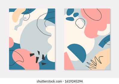 Set of modern vector collages with hand drawn organic shapes and textures in pastel colors.Trendy contemporary design perfect for prints,flyers,banners,invitations,branding design,covers and more