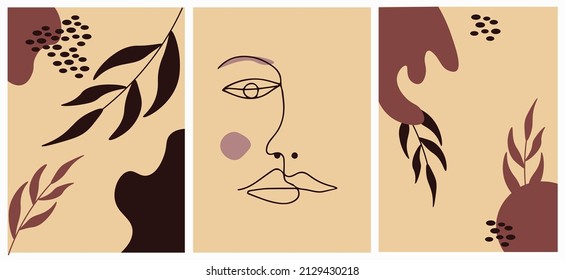 Set of modern vector collages with hand drawn floral organic shapes, textures and face. Trendy contemporary design perfect for prints, flyers, banners, invitations, branding designs, covers and 