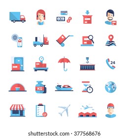 Set of modern vector delivery and logistics service flat design icons and pictograms. Collection of shipping industry infographics objects and web elements