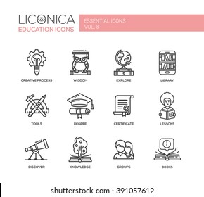 Set of modern vector education simple thin line flat design icons and pictograms. Collection of infographics objects, web elements. Creative process, wisdom, knowledge, group, lessons, books