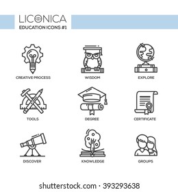 Set of modern vector education simple thin line flat design icons and pictograms. Collection of infographics objects, web elements. Creative process, wisdom, explore, tools, degree