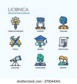 Set of modern vector education thin line flat design icons and pictograms. Collection of infographics objects and web elements. Creative process, wisdom, explore, tools, discover, knowledge