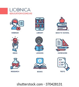 Set of modern vector education thin line flat design icons and pictograms. Collection of infographics objects, web elements. Webinar, library, back to school, ideas, lessons, research, books