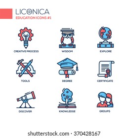 Set of modern vector education thin line flat design icons and pictograms. Collection of  infographics objects and web elements. Creative process, wisdom, explore, tools, discover, knowledge