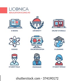 Set of modern vector education thin line flat design icons and pictograms. Collection of infographics objects, web elements. Online tutorials, science, online, e-learning, student