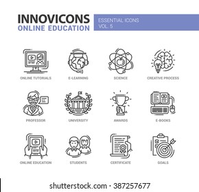 Set of modern vector education thin line flat design icons and pictograms, university,  tutorials, science, online education, e-learning, students, professor, awards, goals, creative process