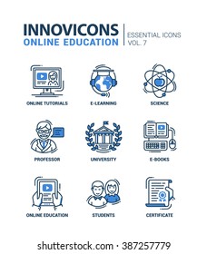 Set of modern vector education thin line flat design icons and pictograms. E-books, university, tutorials, science, online education, e-learning, student male, female, professor