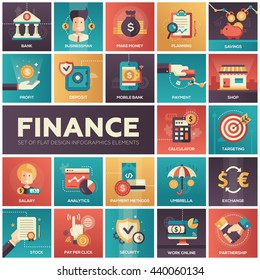 Set of modern vector finance, business flat design icons in squares: analytics, businessman, make money, profit, bank, payment, savings. targeting, deposit, security planning, partnership, stock