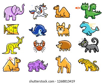 Set of modern vector flat design wild and pet animals icons. Camel, elephant, cat, dolphin, dog, unicorn, hedgehog, fish, rhino, jaguar, dragon, crab, kangaroo, monster.