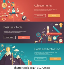 Set of modern vector flat design business banners, headers with icons and infographics elements. Achievements, business tools, goals and motivation
