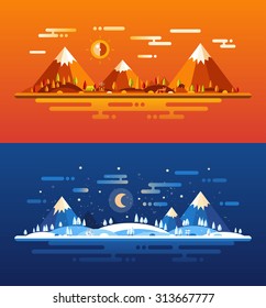 Set of modern vector flat design conceptual landscapes with animals and other elements. Illustrations of beautiful autumn and winter forest scenes. 