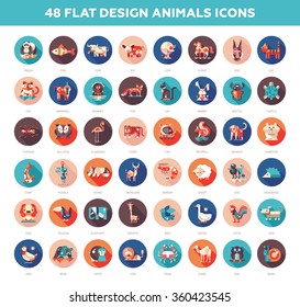 Set of modern vector flat design wild and domestic animals icons