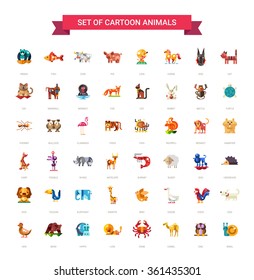 Set of modern vector flat design wild and domestic animals icons