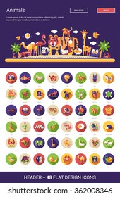 Set of modern vector flat design wild and domestic animals icons with a header