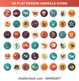 Set of modern vector flat design wild and domestic animals icons