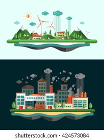 Set of modern vector flat design conceptual ecological illustrations, banners with icons and infographics elements. Wasted and green landscapes