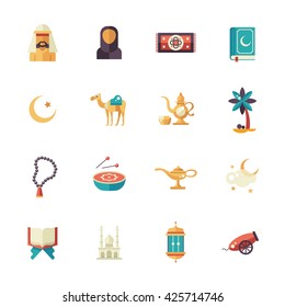 Set of modern vector flat design isolated icons of islamic holiday, culture. Muslim male, female, camel, cannon, mosque, prayer beads, prayer book, lamp, drum