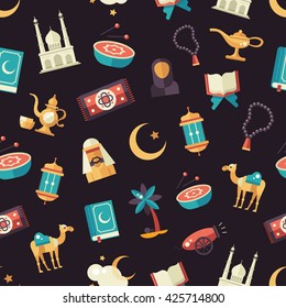 Set of modern vector flat design seamless tileable pattern with icons of islamic holiday, culture. Muslim male, female, camel, cannon, mosque, prayer beads, prayer book, lamp, drum