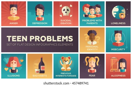 Set of modern vector flat design icons and pictograms of teenager problems. Anger, depression, personal identity, problems with parents, insecurity, aloofness, loneliness, illusions, bad habits, fear
