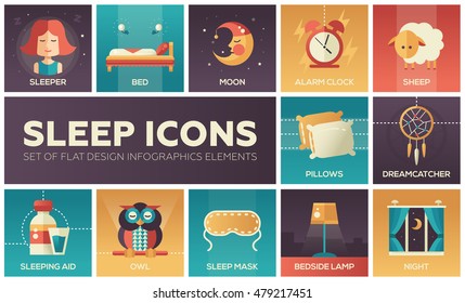 Set of modern vector flat design icons and pictograms of going to bed and sleping elements. Sleeper, moon, alarm clock, sheep, owl, dreamcather, mask, bedside lamp, night, aid