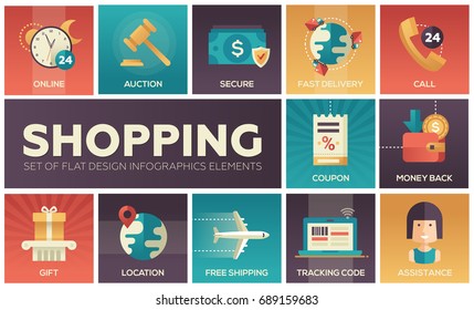 Set of modern vector flat design icons of shopping process elements. Online, secure, delivery, auction, coupon, assistance, call, location, tracking code, gift, money back, shipping
