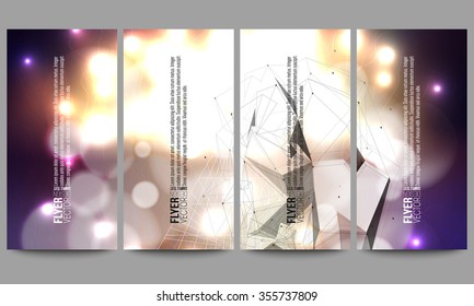 Set of modern vector flyers. Abstract multicolored background with bokeh lights and stars. Scientific digital design, science illustration.