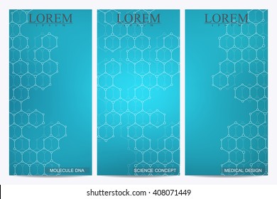Set of modern vector flyers. Abstract background with molecule structure DNA and neurons