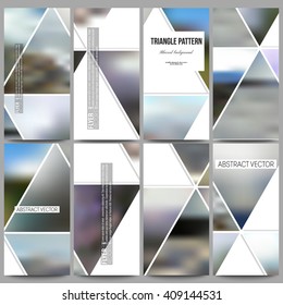 Set of modern vector flyers. Abstract multicolored background of blurred nature landscapes, geometric vector, triangular style illustration.