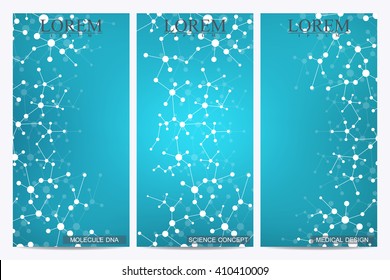 Set of modern vector flyers. Abstract background with molecule structure DNA and neurons. Medicine, science and technology banner, card,web, certificate.