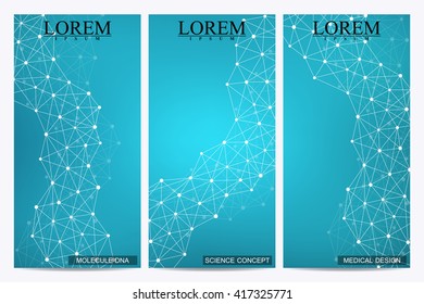Set of modern vector flyers. Abstract background with molecule structure DNA and neurons. Medicine, science and technology banner, card,web, certificate. 