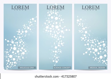Set of modern vector flyers. Abstract background with molecule structure DNA and neurons. Medicine, science and technology banner, card,web, certificate. Vector illustration.