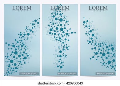 Set of modern vector flyers. Abstract background with molecule structure DNA and neurons. Medicine, science and technology banner, card,web, certificate