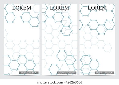 Set of modern vector flyers. Abstract background with molecule structure DNA and neurons. Medicine, science and technology banner, card,web, certificate.