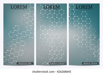 Set of modern vector flyers. Abstract background with molecule structure DNA and neurons. Medicine, science and technology banner, card,web, certificate.
