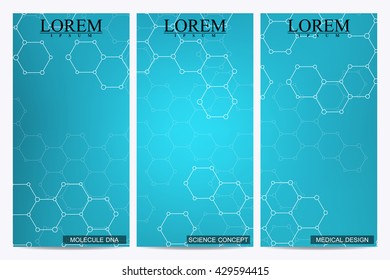 Set of modern vector flyers. Abstract background with molecule structure DNA and neurons. Medicine, science and technology banner, card,web, certificate. Abstract DNA. Vector illustration.