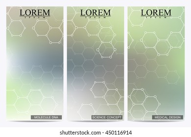 Set of modern vector flyers. Abstract background with molecule structure DNA and neurons. Medicine, science and technology banner, card,web, certificate.