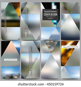Set of modern vector flyers. Abstract multicolored background, blurred nature landscapes, geometric vector, triangular style illustration