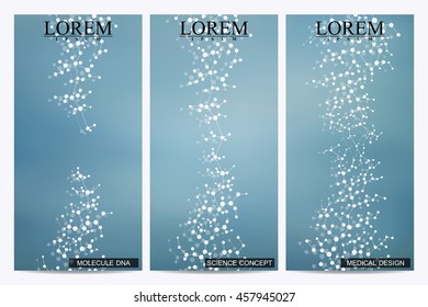 Set of modern vector flyers. Abstract background with molecule structure DNA and neurons. Medicine, science and technology banner, card,web, certificate. Abstract DNA. Vector illustration.