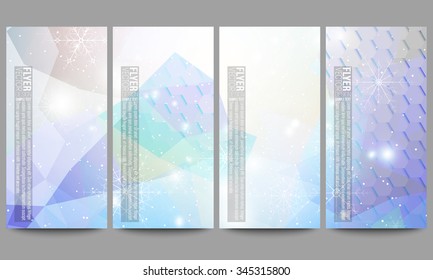 Set of modern vector flyers. Blue abstract winter background. Christmas vector style with snowflakes.