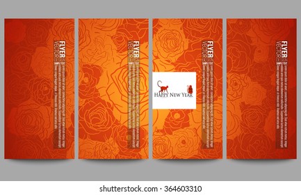 Set of modern vector flyers. Chinese new year background. Floral design with red monkeys, vector illustration